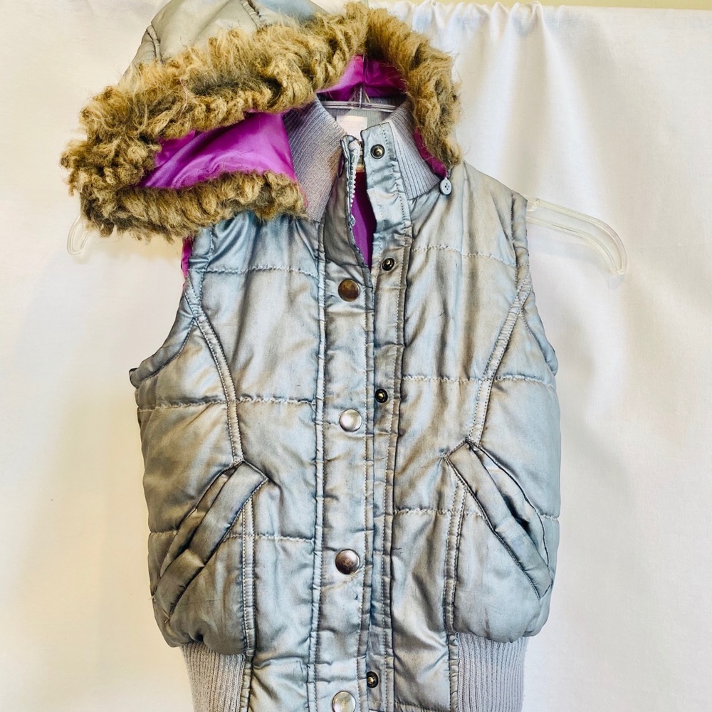Kids girls size 6 fur hooded silver  puffer vest